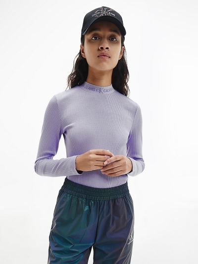 Calvin Klein Ruhák HU937410 | Calvin Klein Logo Collar Női Hosszú Ujjú Póló Lila